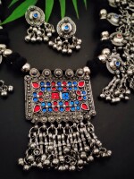 Rangeen tribal silver plated necklace & earring set - blue