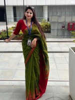 Green Handloom Silk cotton saree with red temple border