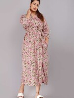 Floral Pattern Kimono Robe Long Bathrobe For Women (Pink)-KM-74