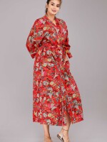 Floral Pattern Kimono Robe Long Bathrobe For Women (Red)-KM-32