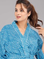 Lehariya Pattern Kimono Robe Long Bathrobe For Women (Blue)-KM-62