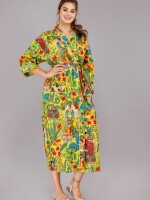 Floral Pattern Kimono Robe Long Bathrobe For Women (Yellow)-KM-37