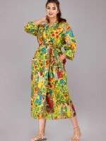 Floral Pattern Kimono Robe Long Bathrobe For Women (Yellow)-KM-37
