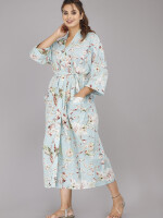 Floral Pattern Kimono Robe Long Bathrobe For Women (Turquoise)-KM-89