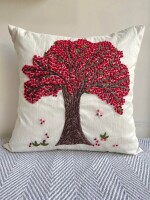 French Knot Embroidered Tree of Life Motif Embroidered Dupion Silk Cushion Cover Size 16"x16"