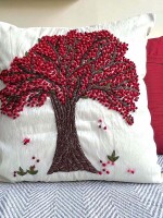 French Knot Embroidered Tree of Life Motif Embroidered Dupion Silk Cushion Cover Size 16"x16"