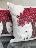 French Knot Embroidered Tree of Life Motif Embroidered Dupion Silk Cushion Cover Size 16"x16"