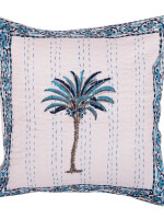 Jaipur Hand Block Print Palm Tree Decorative Stitch Cotton Cushion Cover - 16"x16" Size