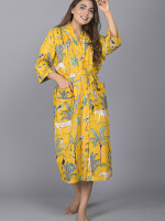 Jungle Pattern Kimono Robe Long Bathrobe For Women (Mustard)-KM-140