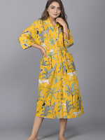 Jungle Pattern Kimono Robe Long Bathrobe For Women (Mustard)-KM-140