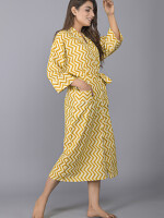 Zig Zag Pattern Kimono Robe Long Bathrobe For Women (Mustard)-KM-137