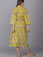Floral Pattern Kimono Robe Long Bathrobe For Women (Yellow)-KM-145