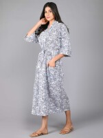 Floral Pattern Kimono Robe Long Bathrobe For Women (Blue)-KM-91