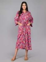 Floral Pattern Kimono Robe Long Bathrobe For Women (Pink)-KM-97