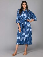 Geometric Pattern Kimono Robe Long Bathrobe For Women (Blue)-KM-98