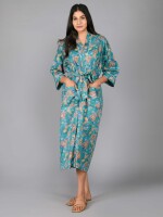 Floral Pattern Kimono Robe Long Bathrobe For Women (Green)-KM-99