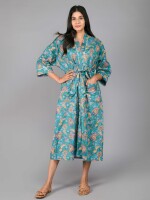 Floral Pattern Kimono Robe Long Bathrobe For Women (Green)-KM-99
