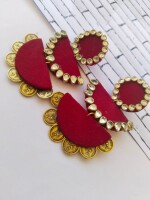 Rainvas red maroon kundan with golden coins jhumka earrings