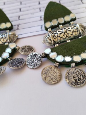 Rainvas Mehndi green beaded coins fabric jhumka