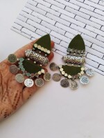 Rainvas Mehndi green beaded coins fabric jhumka