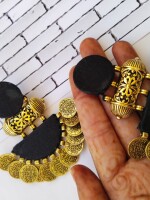 Rainvas plain black and gold coins jhumka earrings