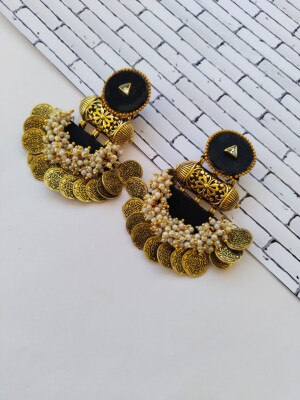 Rainvas Black heavy golden coins beaded jhumka