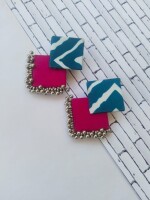 Rainvas Printed Blue and pink fabric printed ghungroo earrings