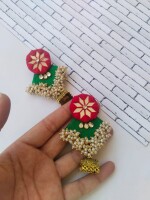 Rainvas Green and red golden beaded heavy long jhumka