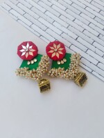 Rainvas Green and red golden beaded heavy long jhumka