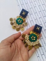 Rainvas Green and blue golden coins heavy kundan jhumka