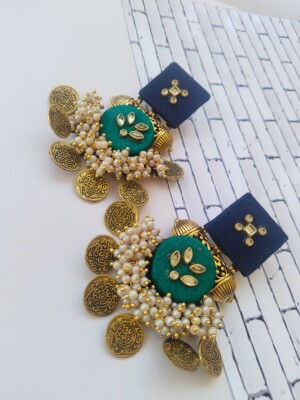 Rainvas Green and blue golden coins heavy kundan jhumka