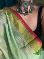 Parrot green cotton  dobby handloom saree with Zari designs and with natural dye.by inspiration Foundation