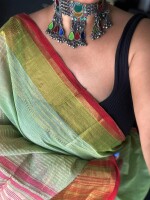 Parrot green cotton  dobby handloom saree with Zari designs and with natural dye.by inspiration Foundation