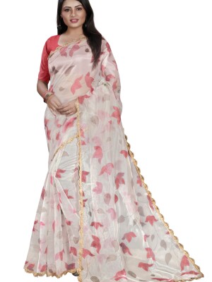 Shyam Silk Organza Off-White Floral Digital Printed Pearl Beads Lace Border Saree With Satin Unstitched Blouse Piece