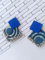 Rainvas Indigo print and silver ghungroo fabric earrings