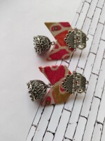 Rainvas Pink floral printed fabric elephant charm oxidised jhumka