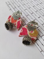 Rainvas Pink floral printed fabric elephant charm oxidised jhumka