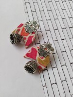 Rainvas Pink floral printed fabric elephant charm oxidised jhumka