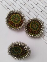 Green Ajrakh print Ring earrings combo set for women