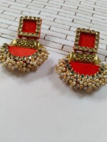 Rainvas Bright red rectangular beaded earrings for women