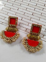 Rainvas Bright red rectangular beaded earrings for women