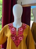 Kashmiri embroidered semi long georgette kurti-top in mustard colour