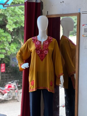 Kashmiri embroidered semi long georgette kurti-top in mustard colour