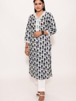 Straight-cut stylish black and grey motif floral kurta with a beautiful lace neckline and 3/4 sleeves vibrant and elegant ensemble