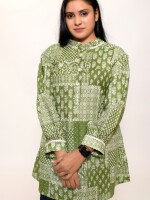 pure soft cotton olive green 3-button top length stand collar short kurti stylish