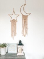 Home Decor Star & Moon Macrame Wall Hanging Dream Catcher with LED Light String (Off White, Moon -19 x 110cm and Star – 17 x 110cm)