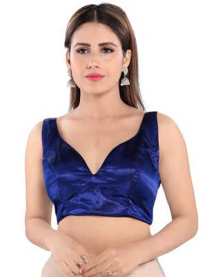 Stylish blue sleeve less polyester silk blouse