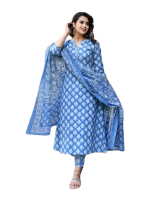 Floral print round neck sky blue rayon kurta pant set with dupatta for women