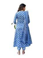 Floral print round neck sky blue rayon kurta pant set with dupatta for women