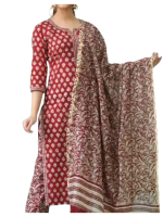 Round neck floral print rayon kurta pant set with dupatta for women